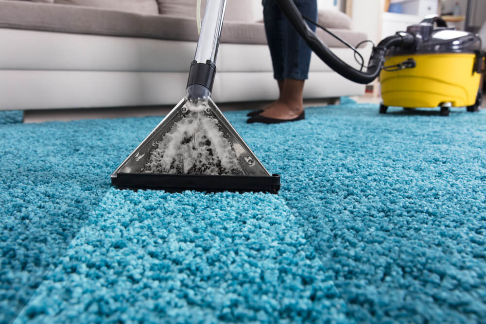 Carpet cleaners services a carpet with a steam machine.