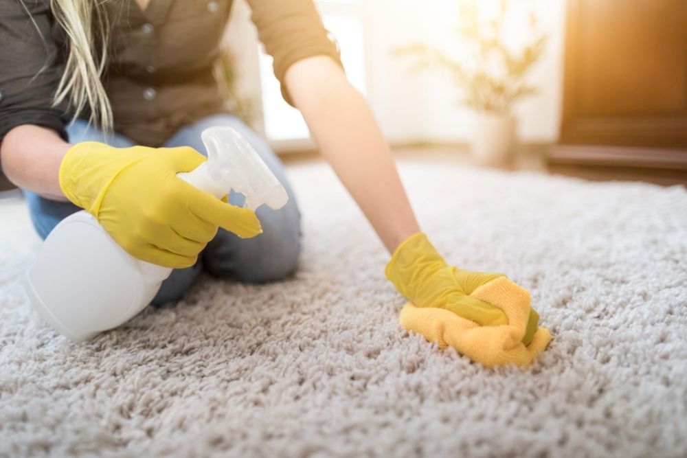 Woman with yellow gloves cleaning a carpet for end of lease services in cairns