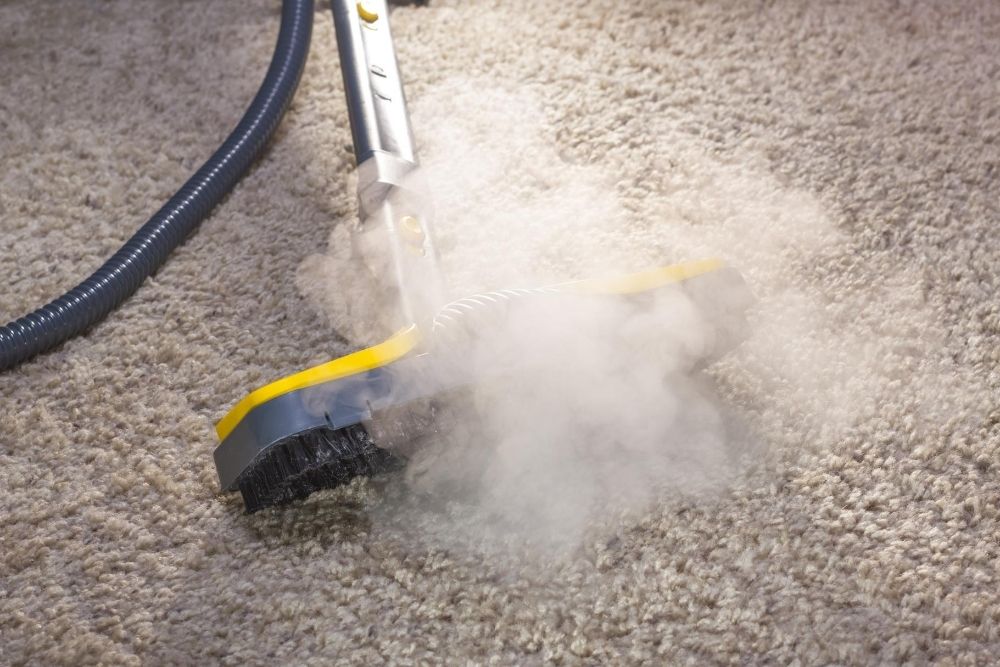 Steam cleaning machine turned on resting on a carpet floor